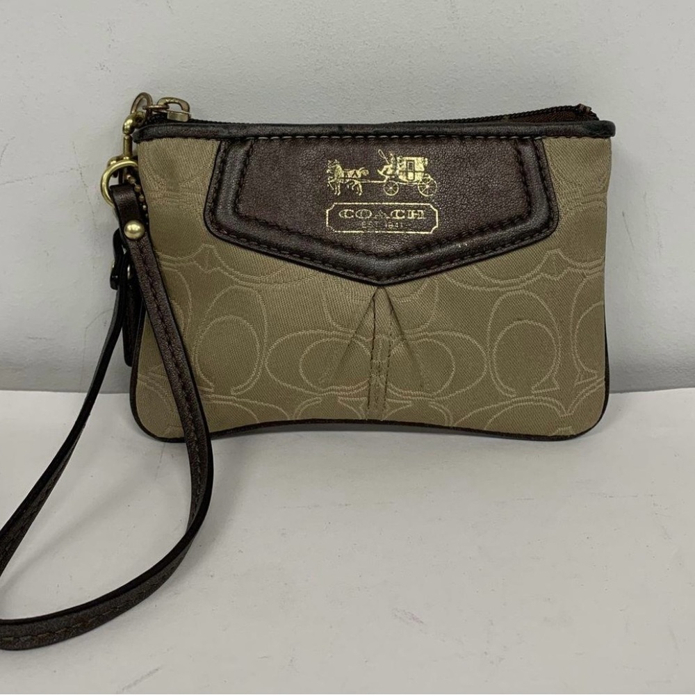 Coach Tan Signature Brown Leather Trim Small Wristlet Y2K